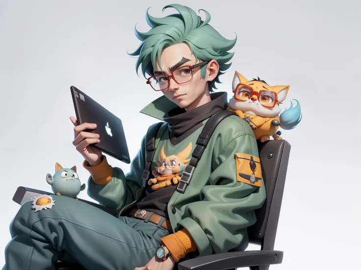 A young man with glasses sits at his desk，holding laptop，digitial painting，3D character design by Mark Clairen and Pixar and Hayao Miyazaki and Akira Toriyama，4K HD illustration，Very detailed facial features and cartoon-style visuals。