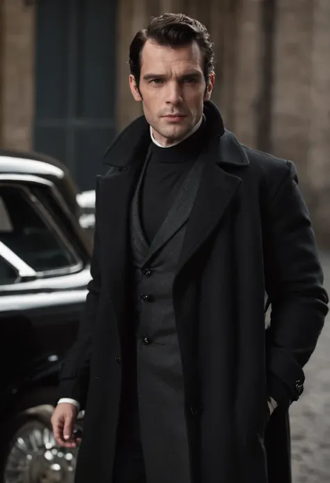 arafed man leaning on a car with a black coat, he is wearing a black trenchcoat, wearing a turtleneck and jacket, wearing black overcoat, edited, handsome man, by Austin English, classic bond iconic shot, black overcoat, henry cavill as james bond, for gq,...