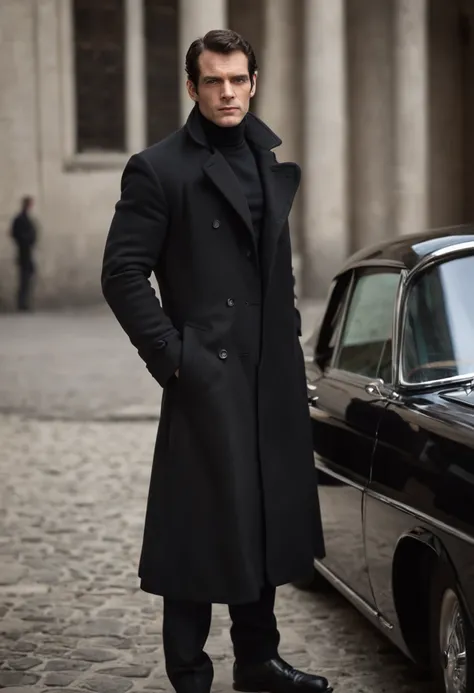 arafed man leaning on a car with a black coat, he is wearing a black trenchcoat, wearing a turtleneck and jacket, wearing black overcoat, edited, handsome man, by Austin English, classic bond iconic shot, black overcoat, henry cavill as james bond, for gq,...