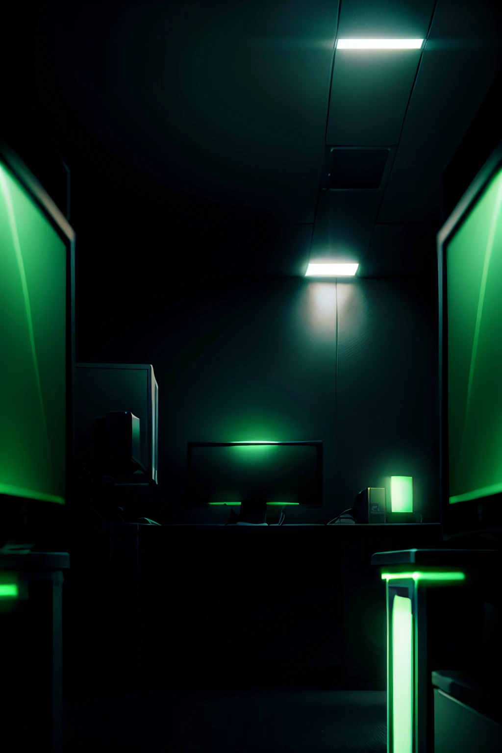 Dark office with green lights, futuristic computers, Graphics appearing on monitors, Realstic, ultra hd, 4:3