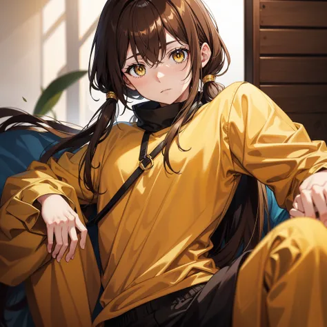 A brown-haired，A male，yellow clothing，Black pupils，