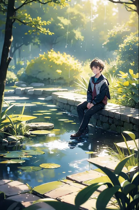 1boy, sitting, pond scenery, light beam, particles, (blurry background), dramatic lighting, wet, dappled sunlight, smile, eyes c...