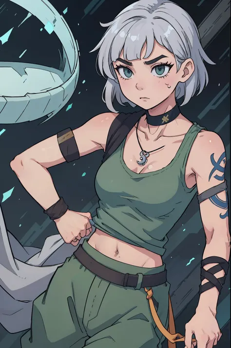 Shira is a fairly tall young wpman with a rather fit physique. She has light skin, and short grey hair with two bangs. She has several scars on both body and face (for which he may seem to look older), including one running vertically across his throat, an...