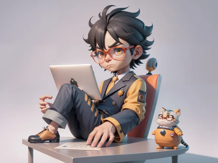 A young man in a suit, Short hair and glasses sat at his desk，holding laptop，digitial painting，tigre，3D character design by Mark Clairen and Pixar and Hayao Miyazaki and Akira Toriyama，4K HD illustration，Very detailed facial features and cartoon-style visu...