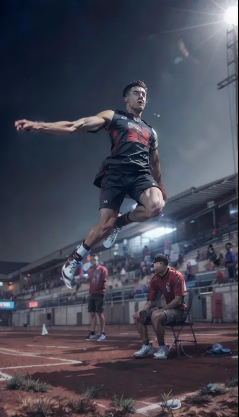 handsome guy jumping in the air in black and red, photo from a spectator, athlete photography, taylor myers lockett, cover shot,...