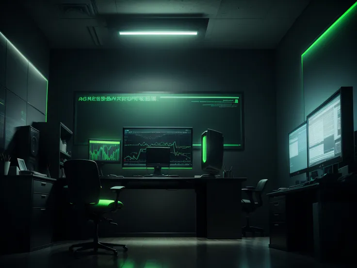 Dark office with green lights, futuristic computers, Graphics appearing on monitors, Realstic, ultra hd, 4k