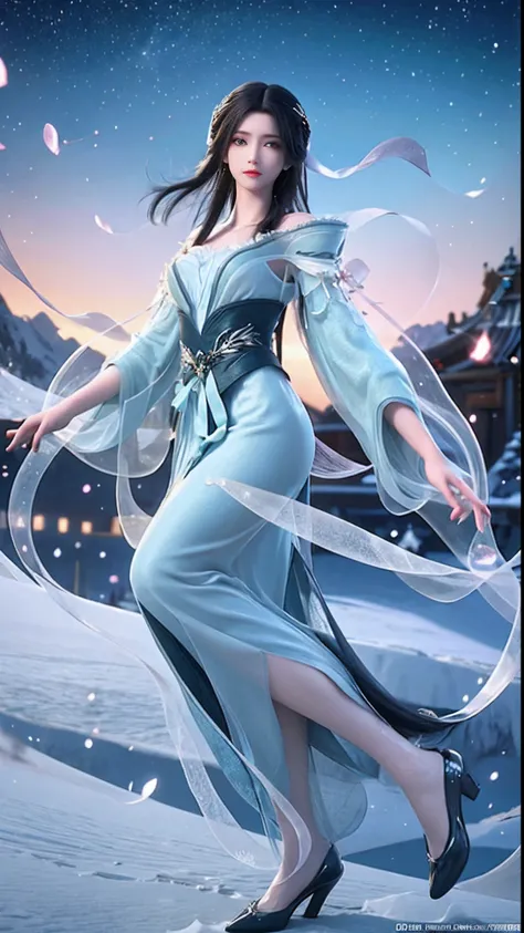 on the top of a snowy mountain in the moonlight，beautiful girl in period costume dancing alone。her long legs and high heels set ...