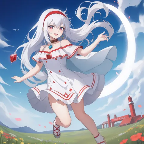 1 woman, fullbody, white hair, Throat red, blue eye, long hair, happy, smile, 18 year old, dynamic angle, blue hairband,white dress, off shoulder, soul gem, race, meadow