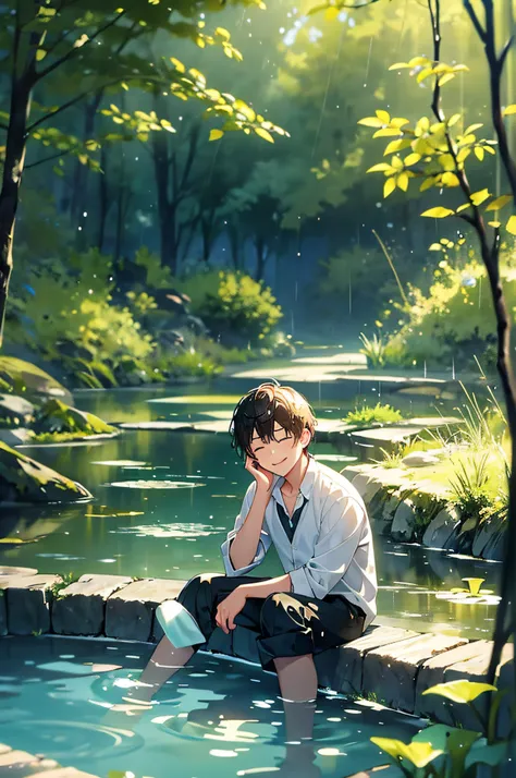 1boy, sitting, pond scenery, light beam, particles, (blurry background), dramatic lighting, wet, dappled sunlight, smile, eyes c...