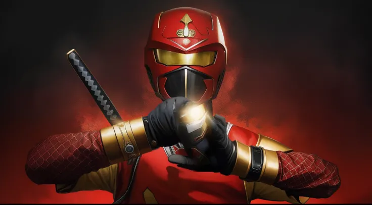 There is a man in a red and gold suit holding a sword, Tokusatsu, O Ninja Vermelho, Fujin, Kamen Rider personagem, MK Ninja, Power Ranger, Toei, The Seventh Secret Power Ranger, Kamen Rider, inspirado em Yasutomo Oka, Ninja, Hidetaka Tenjin, inspired by Ry...