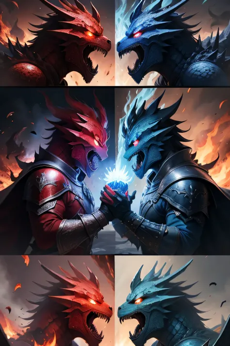 Battle of Fire and Ice, The characters are blue and red dragons, above them is a large inscription FIGHT ME