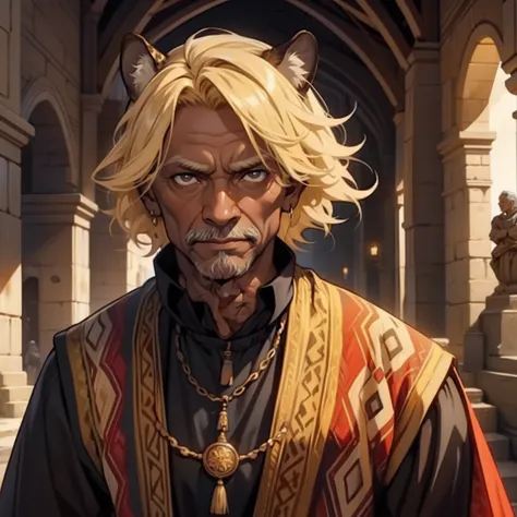 Elderly Dark Skin Old Man. Leopard Ears. Short curly Blonde Hair. Brown eyes. Medieval art. Alone