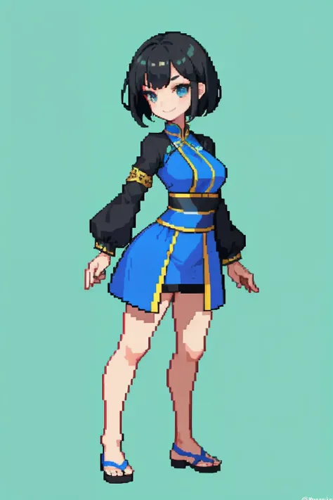 Masterpiece, Top quality, Best quality), pix,Pixel art, 1 girl, with short black hair， short length bangs,, 黑The eye，Short thick eyebrows，long braid，full bodyesbian, Kung Fu costumes，Grinning