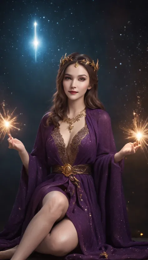 Smiling expression. She is sitting and posing with her legs spread. Generate images of female wizard with sexy robes (Raw legs or tights) And the mysterious magic wand. Give this image a magical aura and starry glow. Next, Add a wizards sexy robe with a de...