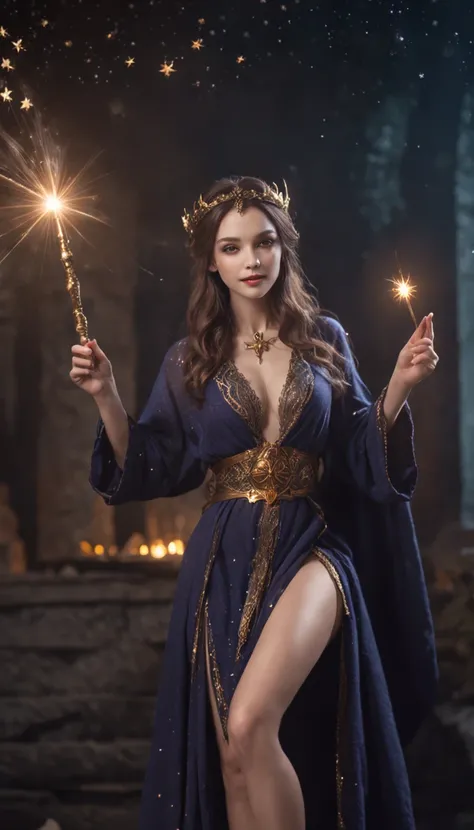 Smiling expression. She is sitting and posing with her legs spread. Generate images of female wizard with sexy robes (Raw legs or tights) And the mysterious magic wand. Give this image a magical aura and starry glow. Next, Add a wizards sexy robe with a de...