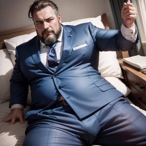 Middle-aged man in suit with fat beard，Tied to a bed，The crotch is raised