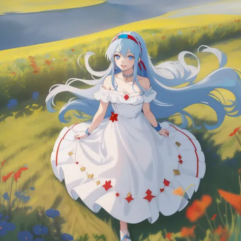 1 woman, fullbody, white hair, Throat red, ((((blue eyes)))), long hair, happy, smile, 18 year old, dynamic angle, ((((blue hairband)))),white dress, off shoulder, soul gem, race, ((((meadow))))