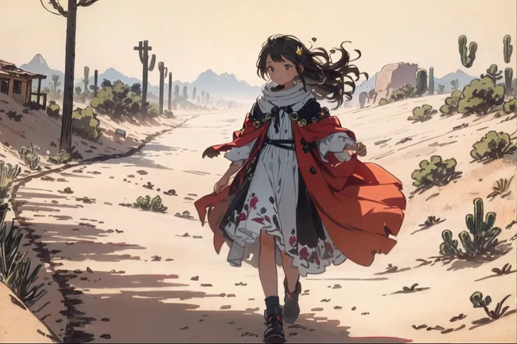 Create a masterpiece featuring a beautiful young girl with silky smooth hair, dressed in fashionable attire. She is journeying through a desert town. The art style should have crisp lines, vivid colors, and be in ultra-high resolution. The animation techni...