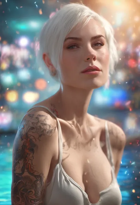 masterpiece, Surreal, Very high image quality, Extremely sharp detail. Description of 1 beautiful girl, blue eyes, Red lips, short white hair. The girl must have a full body tattoo. Girl wearing 1 white 2-string shirt see-through, in the position of taking...