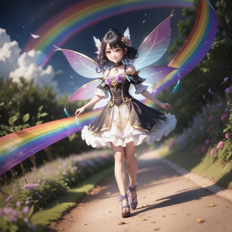 Fairy walking along rainbow path spectroscopic with prism、Transparent feathers、a smile、kawaii faces、Precise body、Highly precise body depiction、