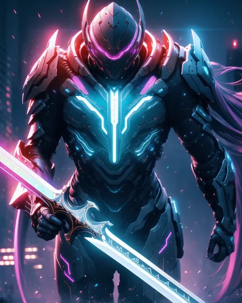 uhd, close-up, futuristic holy paladin, cosmic temple backdrop, gleaming light-infused sword, advanced light magic, futuristic a...