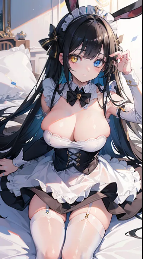 High quality, masterpiece, ultra-detailed, 1girl, bunny maid outfit, solo, peaceful expression, long black hair, enchanting eyes, blue and yellow eyes, heterochromia, bunny ears, ridiculously large breasts, shiny skin, bedroom