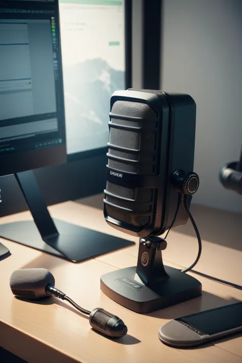 There is a microphone on the table next to the computer, computer render：Ejnar Nielsen, trending on polycount, mingei, 3 d product render, sitting in front of a microphone, highly detailed render, microphones, Product rendering, standing microphones, studi...