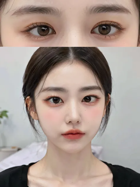 a close up of a woman with a black shirt and a black top, Korean symmetrical face, Korean face features, cute round slanted eyes, with round face, soft eyes and narrow chin, large round eyes, roundly eyes, accurate ultra realistic faces, south east asian w...