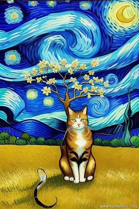 Starry night with a cat sitting on a tree branch, Estilo de arte Van Gogh, Starry night sky full of cats, Estilo de Van Gogh Starry Night, Na Noite Estrelada, Noite estrelada!!!!!!!!!!!!!!!!!!!!, Estilo de Vincent van Gogh, Estilo Vincent van Gogh, Directe...