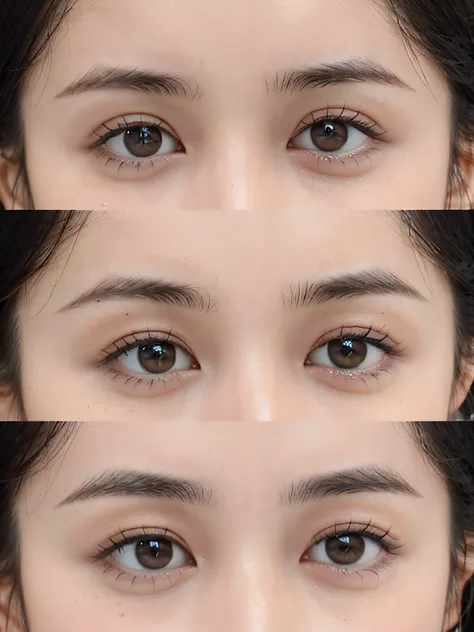 There are four pictures of different women with different eyes, Thin eyebrows, Small eyebrows, Naturally straight eyebrows, Various eyelid positions, Angular eyebrows, High flat eyebrows, Delicate eyebrows, big eyebrows, Eyebrows, Eyelids, Symmetrical eyes...