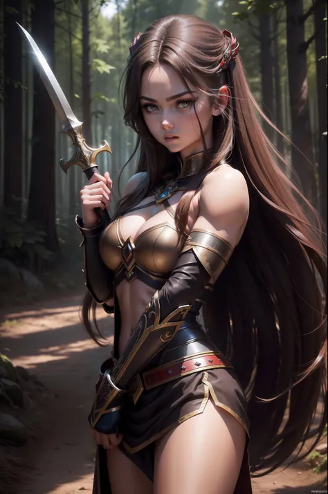 (8K,Photorealsitic　Raw photography　top-quality;1.4) 　(1girl in)　Super beauty　(Lifelike face)　Muscular and macho female body　(Brown hair long hair)　Hold the sword correctly and hold it in front of you　combat scene　Metallic black and red armor　Beautiful expr...