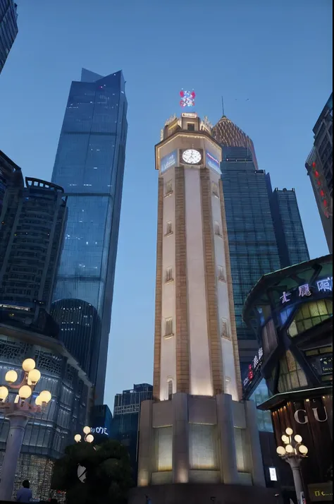 A relief of a tall clock tower in the city at night, shenzhen, the clock tower, shanghai, shanghai city, full - view, look from down, screengrab, large commercial led screens, the building is a skyscraper, central hub, giant clock, the clock tower, around ...