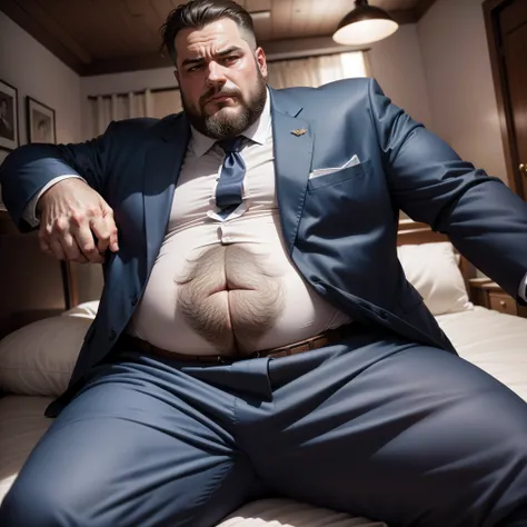 There was a man in a suit and tie sitting on the bed, Fat belly, Big belly, in his suit, wearing tight suit, he is wearing a suit, wearing a worn out suit, insanely inflated hips, wearing a strict business suit, thicc, wearing a strict business suit, gentl...