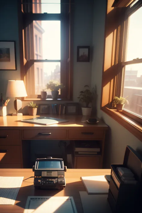 There was a laptop on the table in front of the window, Cluttered medium shot, home office interior, illusory engine. retro film still, Realistic afternoon lighting, Render in Frey, Old CGI 3D rendering Bryce 3D, Rendered in V-Ray, background 1970s office,...