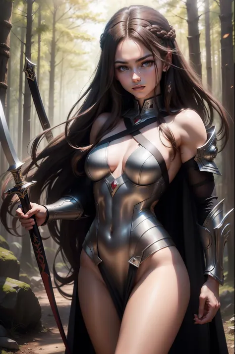 (8K,Photorealsitic　Raw photography　top-quality;1.4) 　(1girl in)　Super beauty　(Lifelike face)　Muscular and macho female body　(Brown hair long hair)　Hold the sword correctly and hold it in front of you　combat scene　Metallic black and red armor　Beautiful expr...