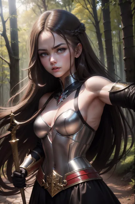 (8K,Photorealsitic　Raw photography　top-quality;1.4) 　(1girl in)　Super beauty　(Lifelike face)　Muscular and macho female body　(Brown hair long hair)　Hold the sword correctly and hold it in front of you　combat scene　Metallic black and red armor　Beautiful expr...