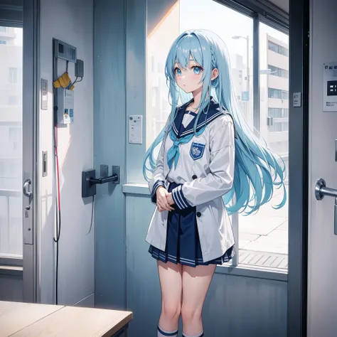 ，Long light blue hair，Its like its just washed，Eyes that are slightly lighter than the color of the hair，A little loli like an idol，in school uniform，Medium build，Stand in the restroom