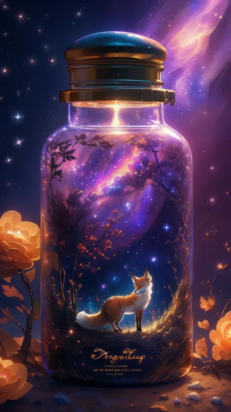 there is a jar with a picture of a fluffy fox in it, dreamscape in a jar, galaxy in a bottle, beautiful art uhd 4 k, amazing wallpaper, vial of stars, 4k highly detailed digital art, detailed art, glowing jar, ethereal fox, beautiful wallpaper, fantasy fox...