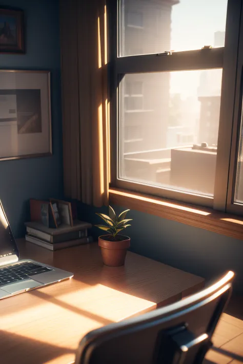 there is a laptop on a table in front of a window, Cluttered medium shot, home office interior, illusory engine. retro film still, Realistic afternoon lighting, Render in Frey, old cgi 3d rendered bryce 3d, Rendered in V-Ray, background 1970s office, 3 ds ...