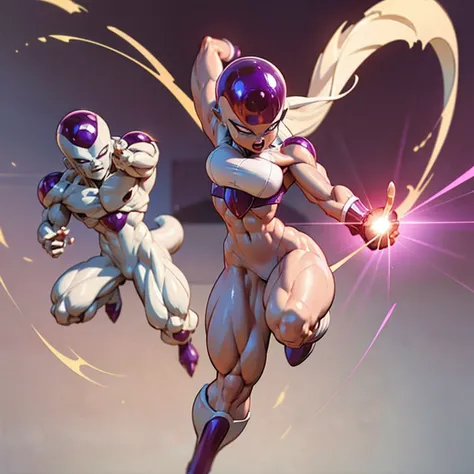 ((frieza)), female, woman version, transformed into final form、dragonball z, huge breats、battleing、fighting、action、beautiful exp...