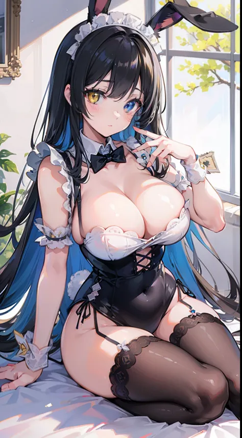 High quality, masterpiece, ultra-detailed, 1girl, bunny maid outfit, solo, peaceful expression, long black hair, enchanting eyes, blue and yellow eyes, heterochromia, bunny ears, ridiculously large breasts, shiny skin, bedroom