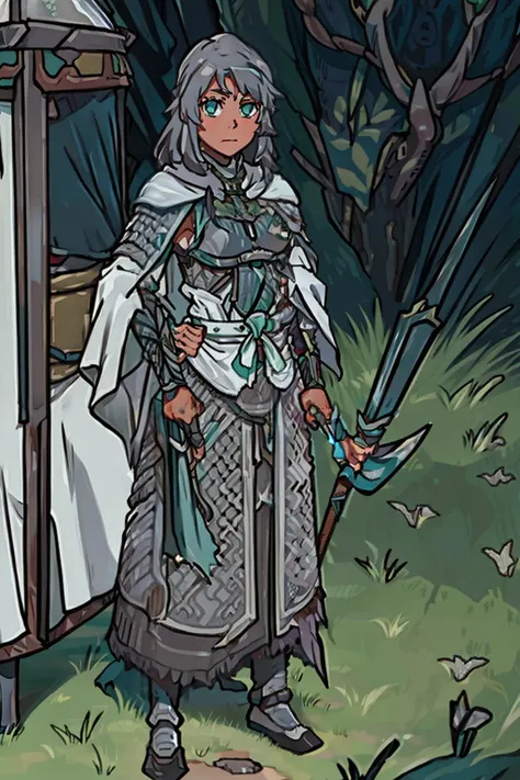 (((tan skin))), knight armor, silver armor, (((silver hair))), green eyes, medium breasts, crop top, knight wavy hair, full body, hand on hip, cape, skirt, holding spear