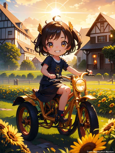 Sunny bike ride, Beautiful 3d art, digital painting, luminism, Detailed and intricated little chibi girl Riding a trike, detailed face. smiling, farm, hyperdetailed, farm house, sunlight, sunbeams, complex, dynamic composition, artstation, Greg Rutkowski, ...