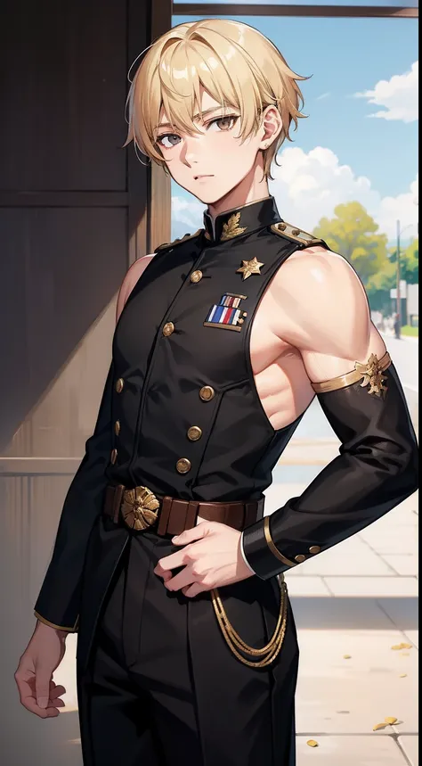 Young boys、blonde  hair、brown-eyed、Soldier uniform、sleeveless、trouser、guns、Funny look、​masterpiece、hightquality