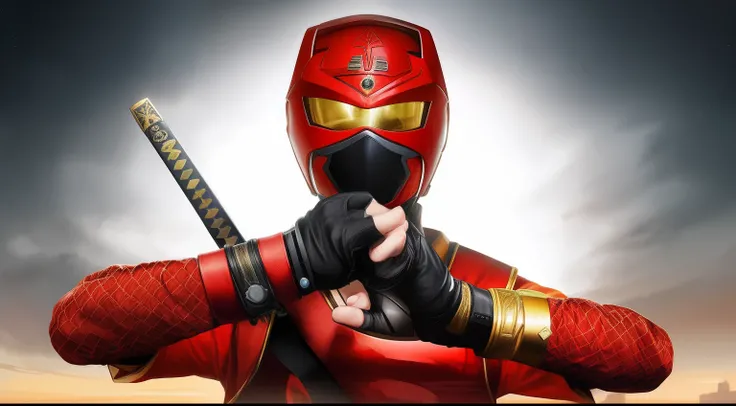 There is a man in a red and gold suit holding a sword, Tokusatsu, O Ninja Vermelho, Fujin, Kamen Rider personagem, MK Ninja, Power Ranger, Toei, The Seventh Secret Power Ranger, Kamen Rider, inspirado em Yasutomo Oka, Ninja, Hidetaka Tenjin, inspired by Ry...