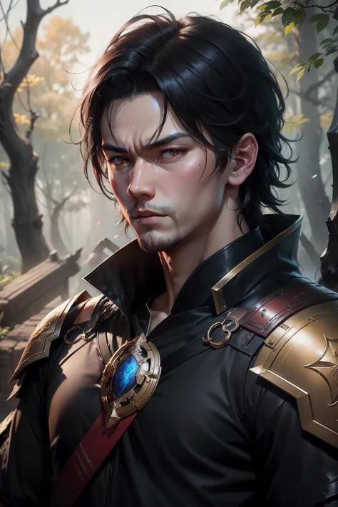 Young super handsome male prince holding a Japan sword　Black hair short bob　Young handsome prince with dark eyes　Special metallic black and red exterior　glareing　Gritting your teeth and getting angry　Flowing sweat　in woods　life-like８K-High Resolution　reali...