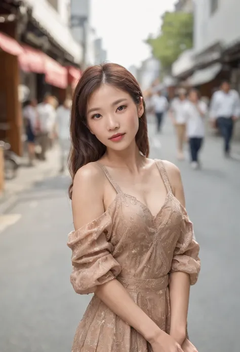 an asain women on a busy steet in Tokyo posing for the camera summer dress mid day