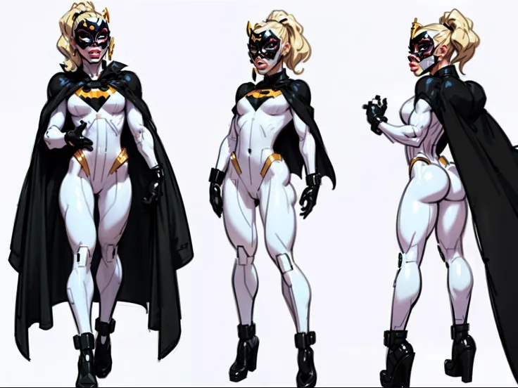 ((masterpiece)),(((best quality))),((character design sheet)), ((full body view)) illustration,1girl, muscular, ((white bodysuit:1.5)), (masked face:1.4) (masked eyes:1.5)(masked mouth:1.5) (bdsm latex mask:1.4)superhero, (black ponytail:1.4), (black cape:...