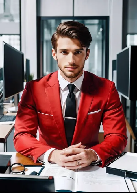 smart man in red suit and tie sitting at a table, photo of a man, sitting at desk, wearing a loyer suit, corporate photo, handsome man, professional portrait hd, wearing doctors white suit, sitting at a desk, a photo of a man, handsome and attractive, prof...