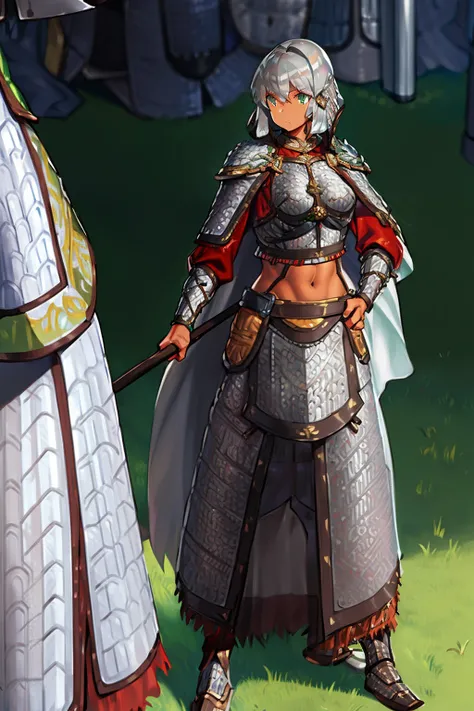 (((tan skin))), knight armor, silver armor, (((silver hair))), green eyes, medium breasts, crop top, messy hair, long hair, full body, cape, skirt